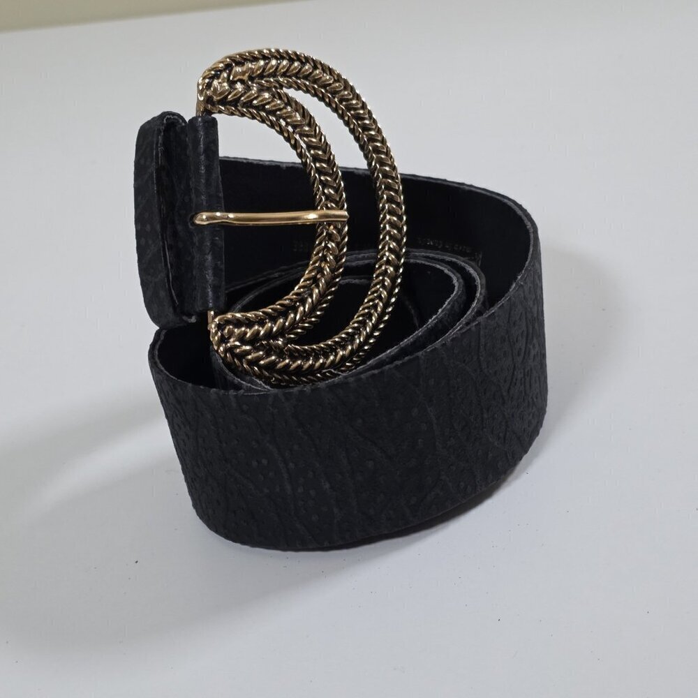 Vintage Textured Belt Womens L Black Gold Black Tone Metal Buckle Whimsigoth Y2K - Picture 2 of 15